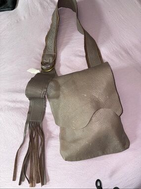Molly G….Taupe-Brown Pebbled Leather Crossbody with Fringe Strap